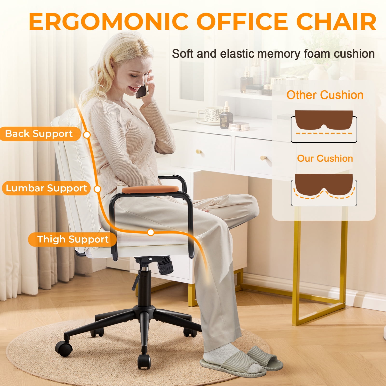 Falvinoryn Modern Office Chair, High Back Ergonomic Task Chair with Padded Armrests and Double Cushion, Swivel Home Office Desk Chair, Faux Leather Executive Armchair for Home, Bedroom (White)