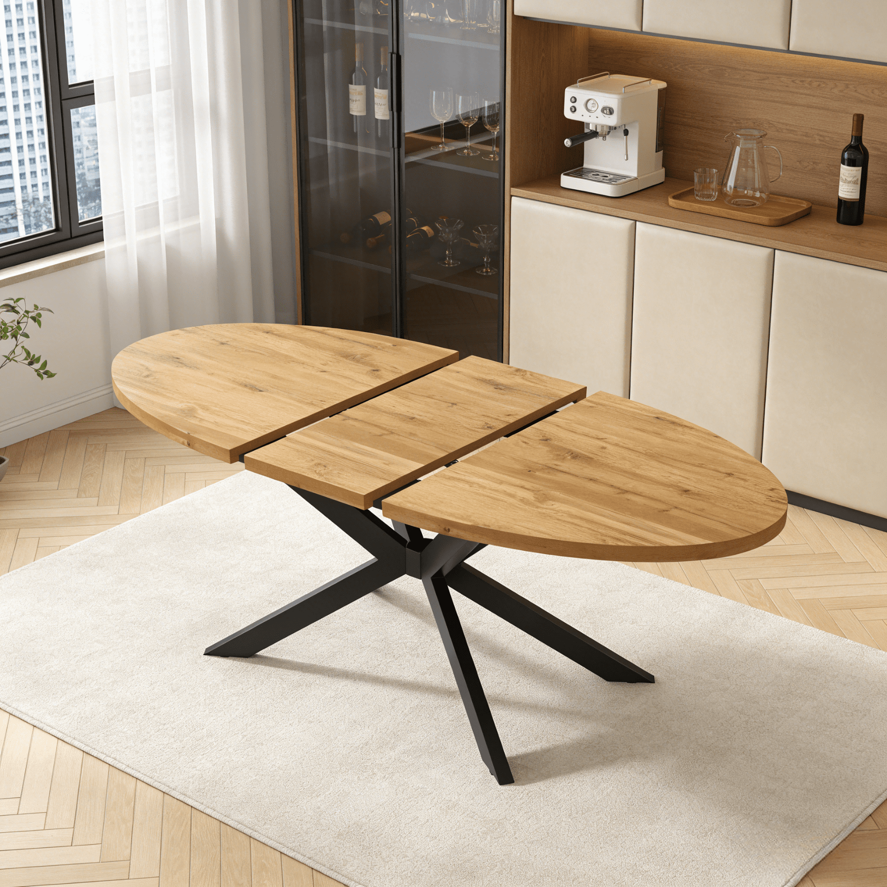 63"-78.7" Extendable Round Dining Table Set for 6, 7 Piece Mid Century Modern Oval Kitchen Table Set, Large Dining Table with 6 Dining Chairs for Living Room Space Saving