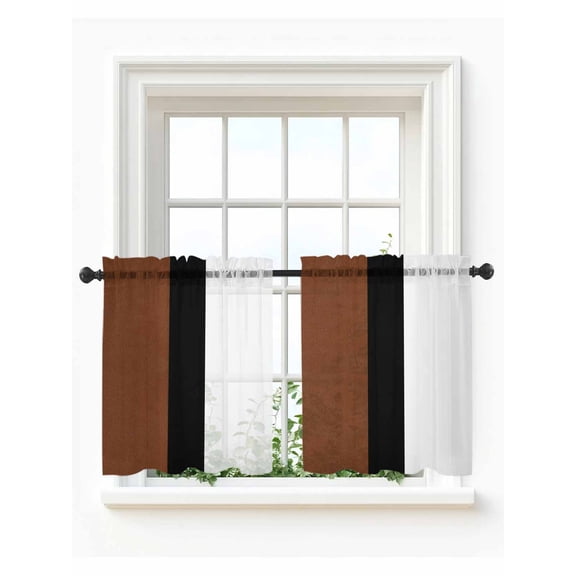 Brown Black White Boho Tier Curtains 24 Inch Length, Sheer Curtains for Bedroom Living Room Window Modern Striped Art Rod Pocket Voile Drapes Kitchen Curtains Small Half Window 27.5"x24" 2 Panels