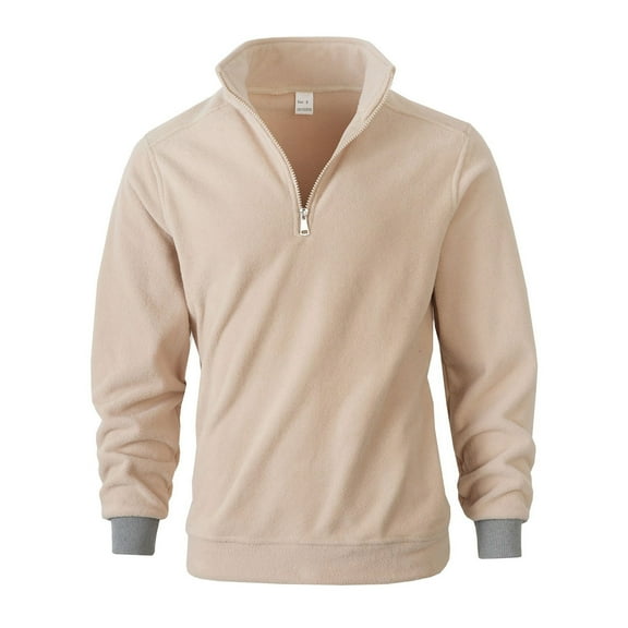 Mens Pullover Sweatshirts Sherpa Lined Casual Long Sleeve Mock Neck Fall Winter Tops with Zipper Pocket (XL, Khaki)