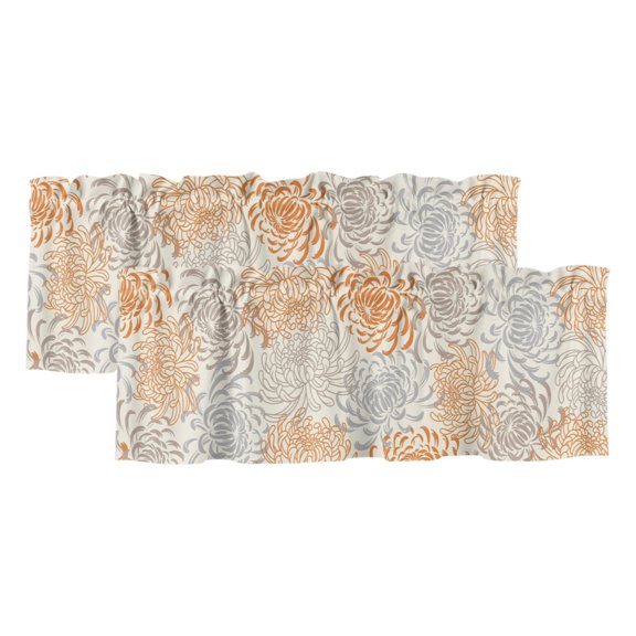 Orange Flower Valances for Window 2 Pack, Vintage Watercolor Orange Grey Chrysanthemums Floral Beige Rod Pocket Curtains Valances Light Filtering Short Curtains for Kitchen Bedroom 60 x 18 Inch