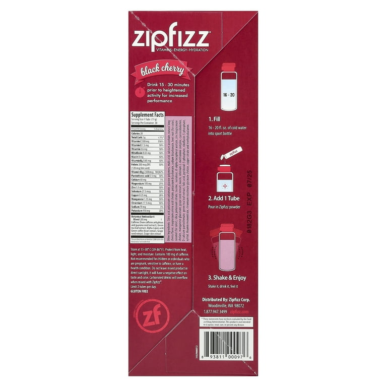 Zipfizz Energy Drink Mix, Black Cherry, 20 Tubes, 0.39 oz