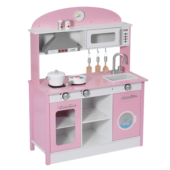 KFFKFF Wooden Play Kitchen for Kids, Pretend Play Set with Lights & Sounds, Includes Food & Cookware Accessories, Range Hood, Microwave, for Toddlers Ages 3-8, Pink