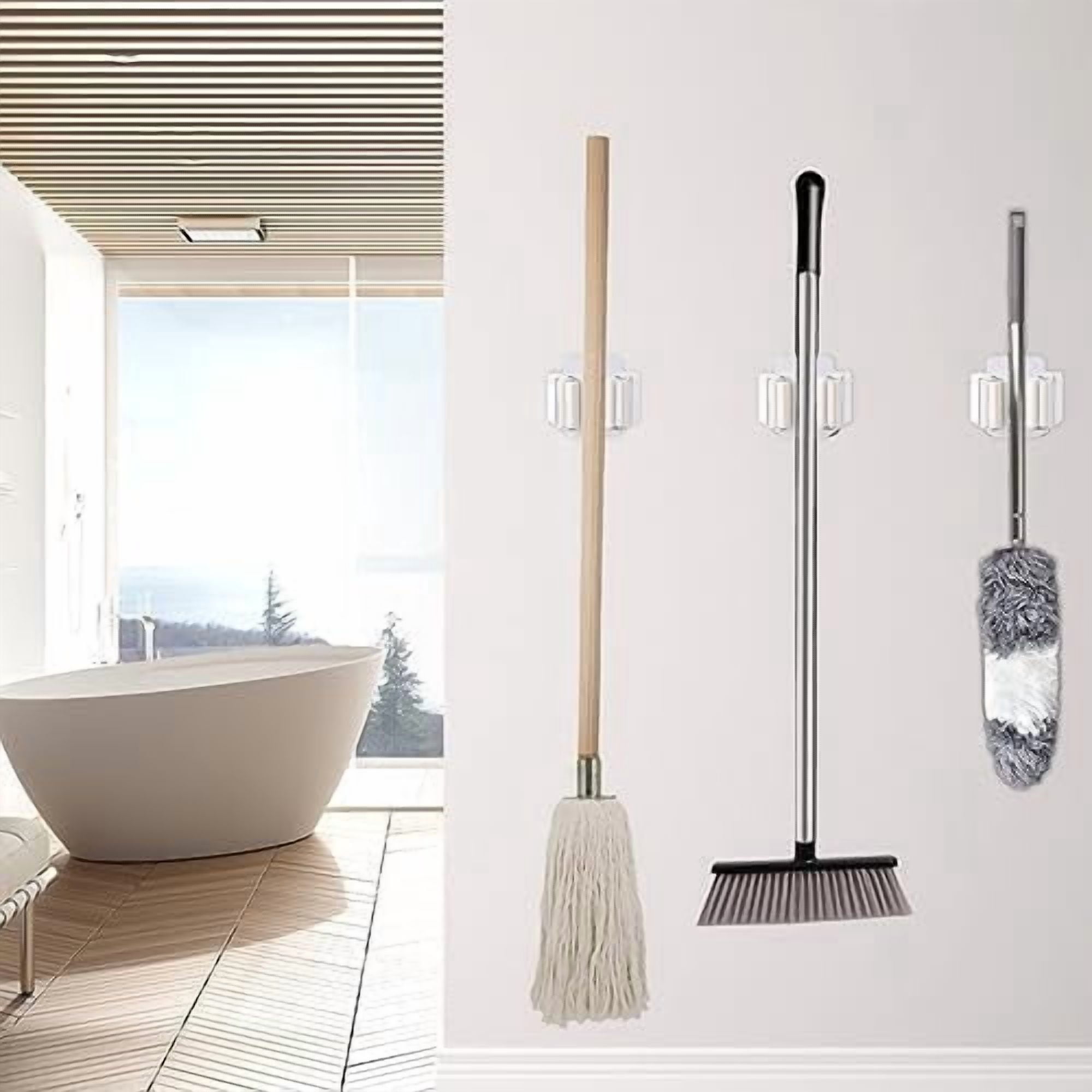 6 Pack Broom Holder Wall Mount, Mop and Broom Holder Wall Mount, Stainless Steel Command Mop Holder with Screws, Garden Tool Storage Organizer for Kitchen, Home, Bathroom, Garage, White