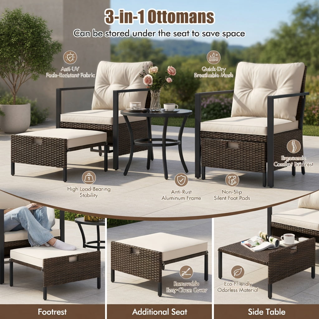 Hommoo 4-Piece Modern Outdoor Wicker Furniture Set with Tempered Glass Coffee Table, Rattan & Metal Frame, White