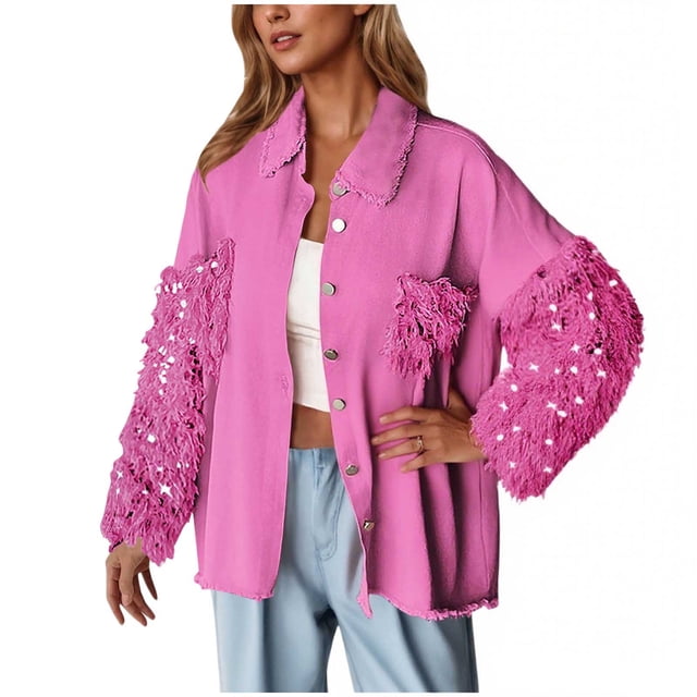 Chaquetas y abrigos casuales de manga larga sin capucha para mujer, chaqueta informal de moda con lentejuelas, bolsillos con botones y capucha de manga larga, tops vaqueros para mujer