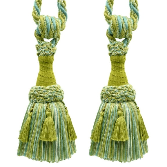 DECOPRO Beautifully Handcrafted Curtain & Drapery Tassel Tieback with Matte Finish, Tassel Length 6" (15cm), Spread 30" (76cm) #TBEMP6, Pond Green #W162 (Yellow Green, Teal Blue, White Ivory) Set of 2