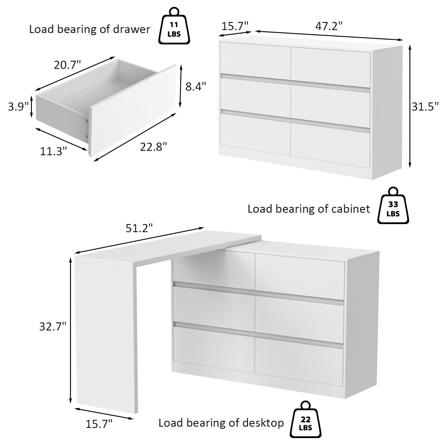 MONSLIPA Rotating White Drawer Dresser, Storage Cabinet with 6 Drawer for Home Office Bedroom