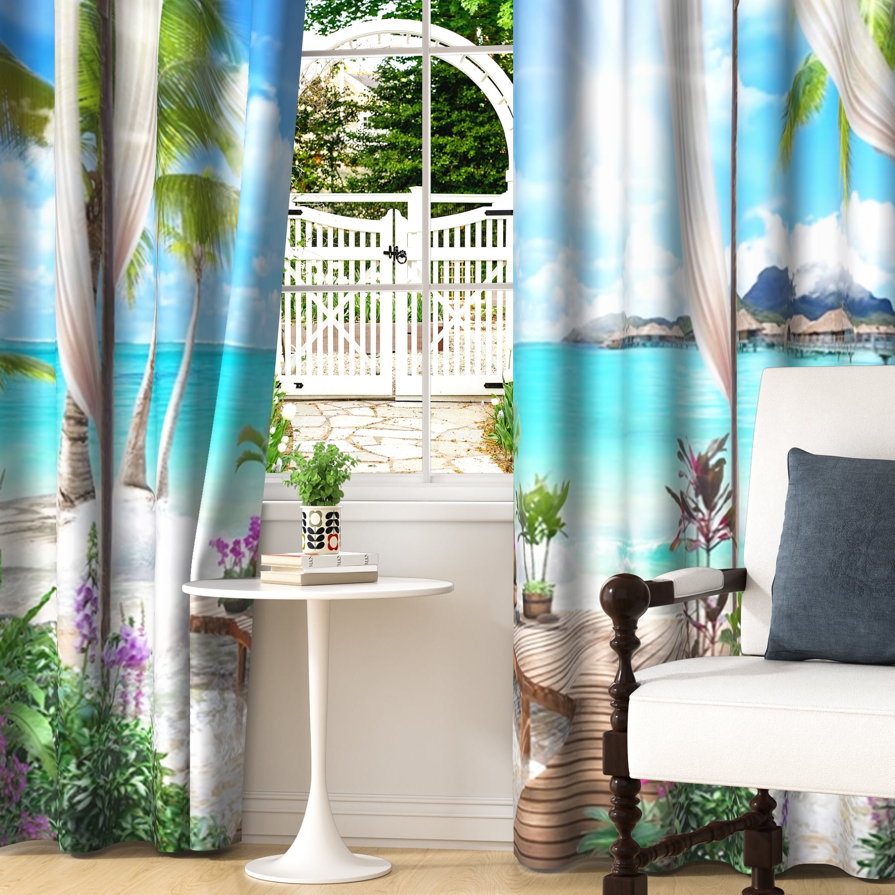 Sunlight Beach Blackout Curtains, Room Darkening Grommet Curtains, White Window View, 52"x63", 2 Panel