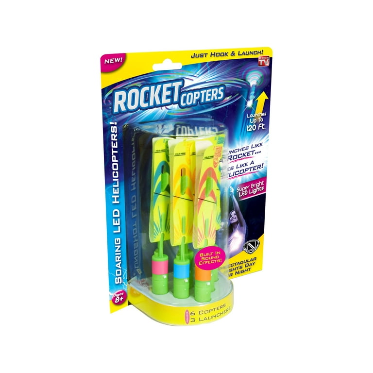 Rocket Copters Amazing LED Slingshot Helicopter Toy Launches up to 120 ft. 9 Piece Set