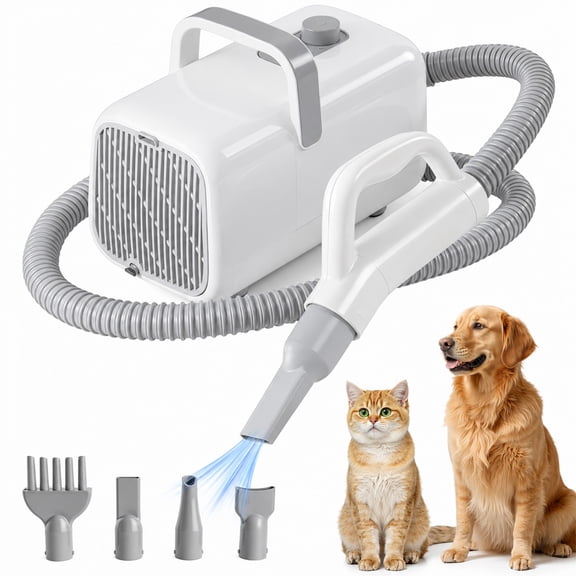 EDX Dog Blower Pet Hair Dryer with Adjustable Wind Speed & Heater Temperature, High Velocity Large Dog Hair Grooming Blower, 4 Nozzles, 6.5ft Cord for Dog Hair Force Blower, White
