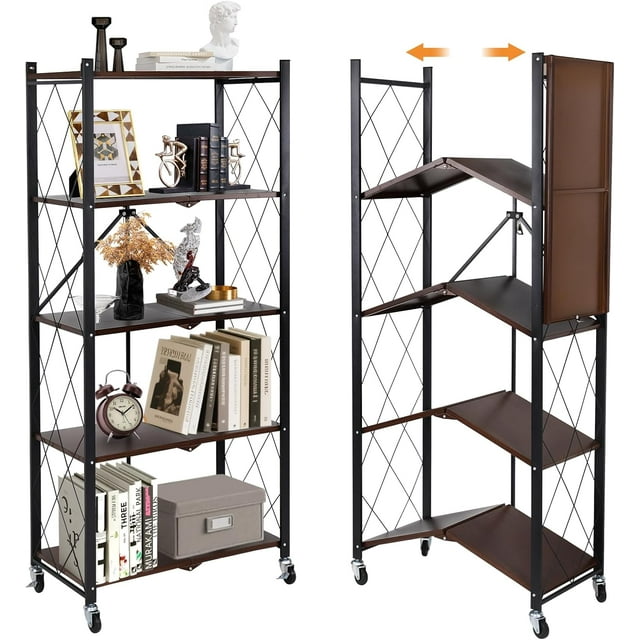 Tier Folding Shelf with Wheels Metal Steel Collapsible Shelves Folding Bookshelf no Assembly Portable Folding Storage Shelves Rolling Standing Utility Rack for Kitchen Office Rustic