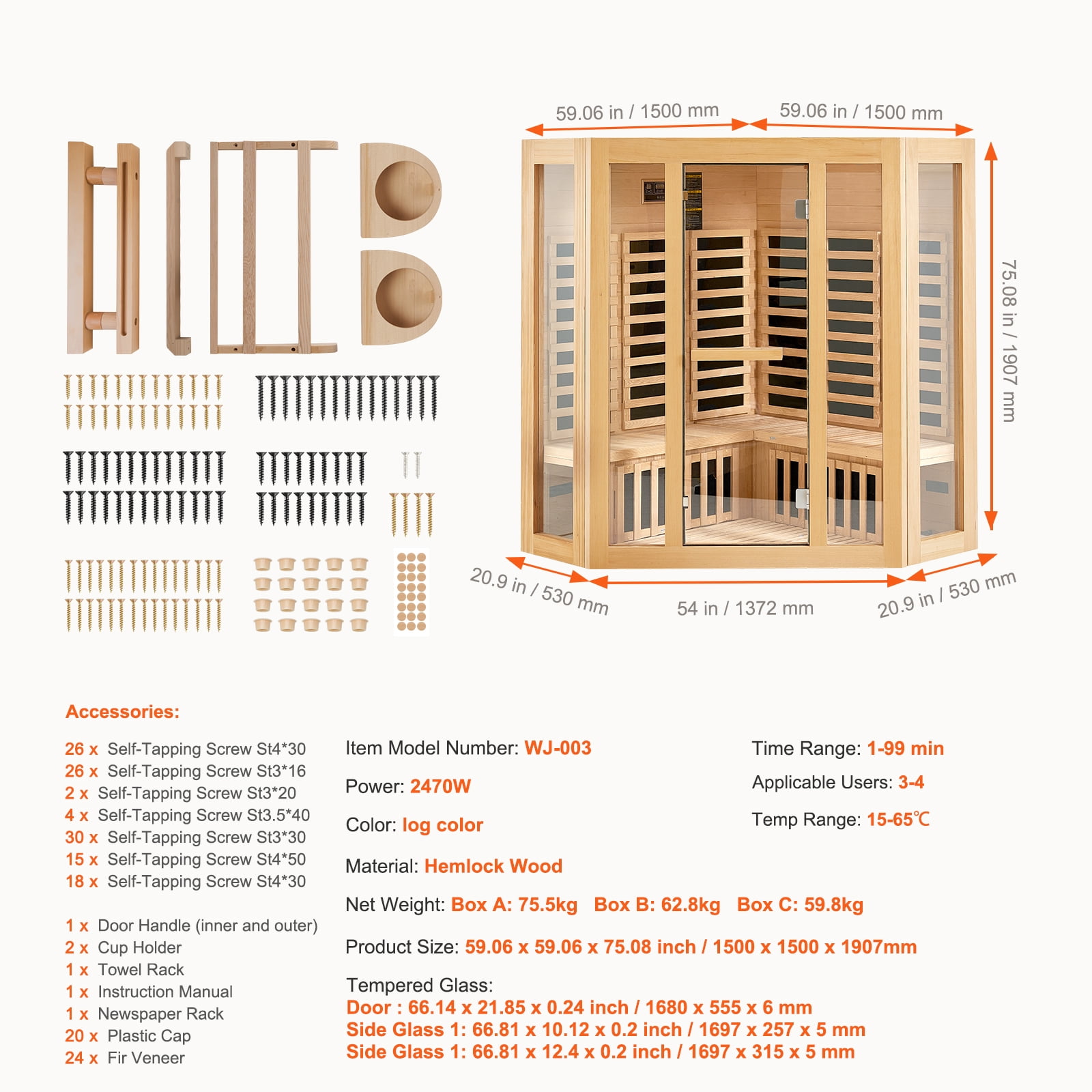 KFFKFF Infrared Sauna for Home, Accommodates 3-4 People, Crafted from Hemlock Wood with Low EMF, Features Tempered Glass Door, Bluetooth Speakers & Color Therapy Lighting, 2470W for Indoor Use