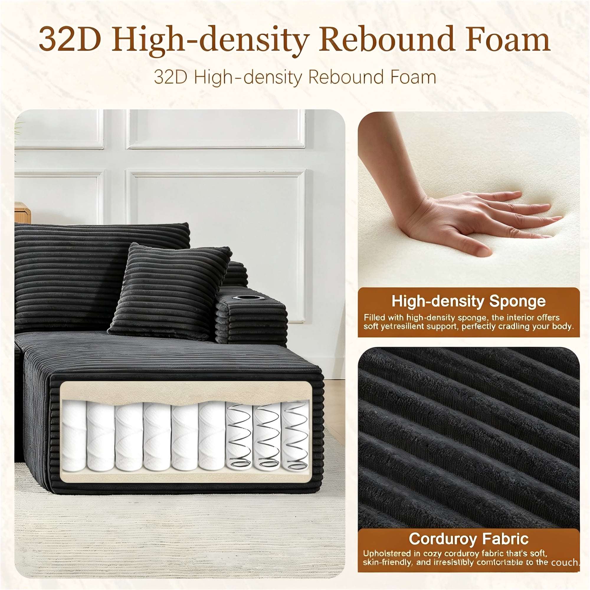 Aukfa 132" U Shape Cloud Sectional Sofa Oversized Modular Boneless Couch, Double Chaise Corduroy Sofa for Living Room, Dark Gray