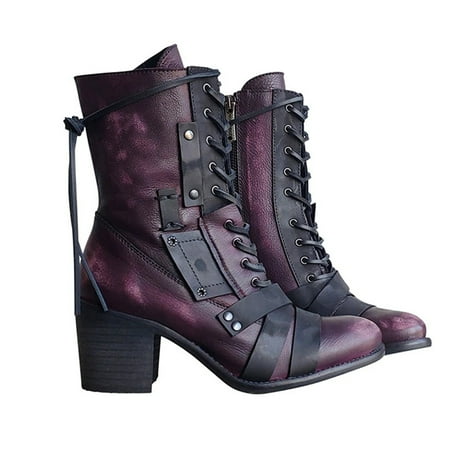 

Duretiony Women s Retro Comfy Chunky-heel Lace-up Boots