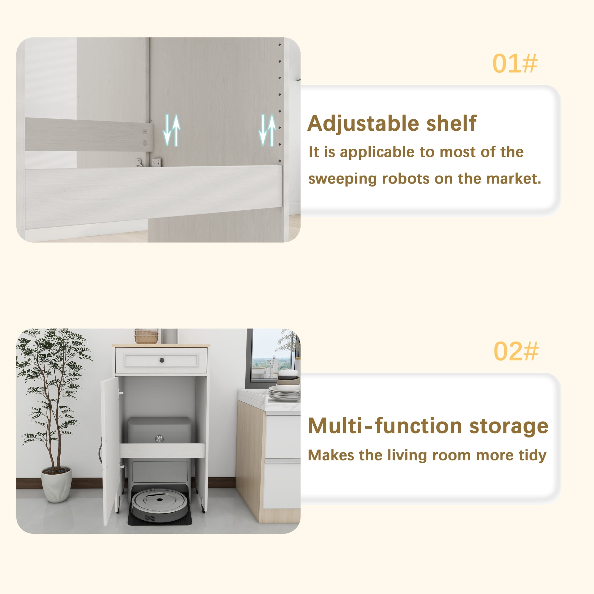 Leumius Sweeping Robot Storage Rack with Doors and Drawers,Side Table for Living Room, Home Office,Kitchen-Antique White