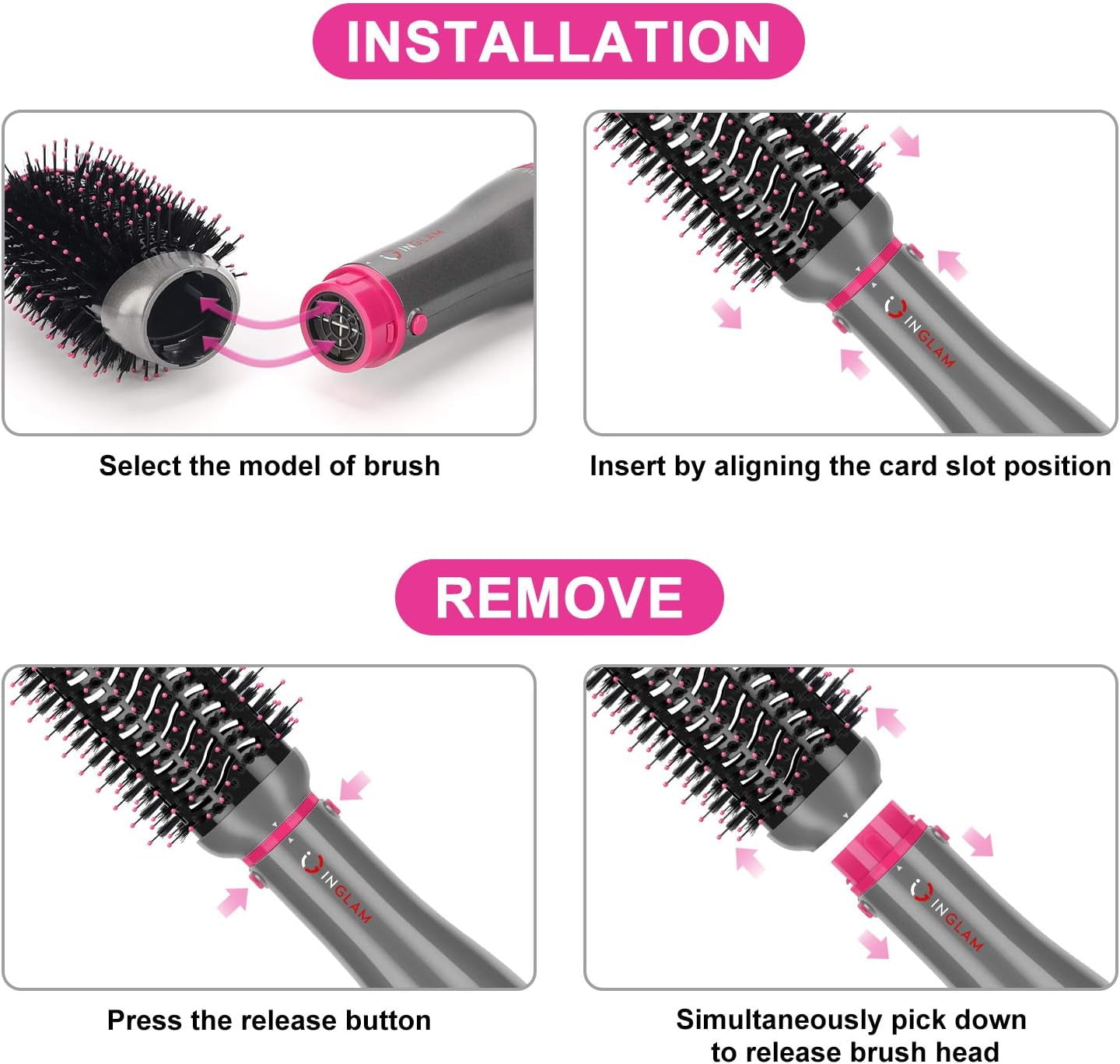 IG INGLAM 4 in 1 Blowout Brush, Negative Ion Detachable Hair Dryer & Styler Volumizer Hot Air Brush with 2 Styling Brush Heads, Gray