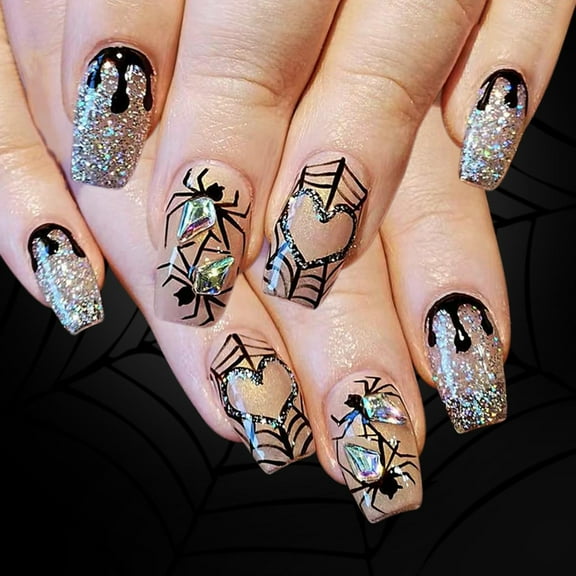 24Pcs Halloween Press on Nails Square Shaped Glues on Nails with Designs on Nails Full Cover Artificial Nails