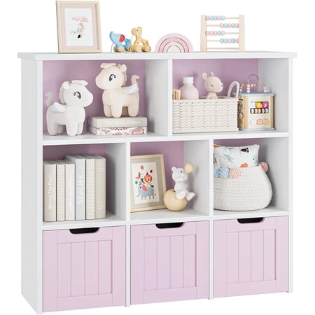 FOTOSOK Toy Storage Organizer with 3 Movable Drawers, Floor Storage Cabinet Toy Chest with Hidden Wheels and 5 Storage Cubbies, Multifunctional Storage Chest for Playroom, White