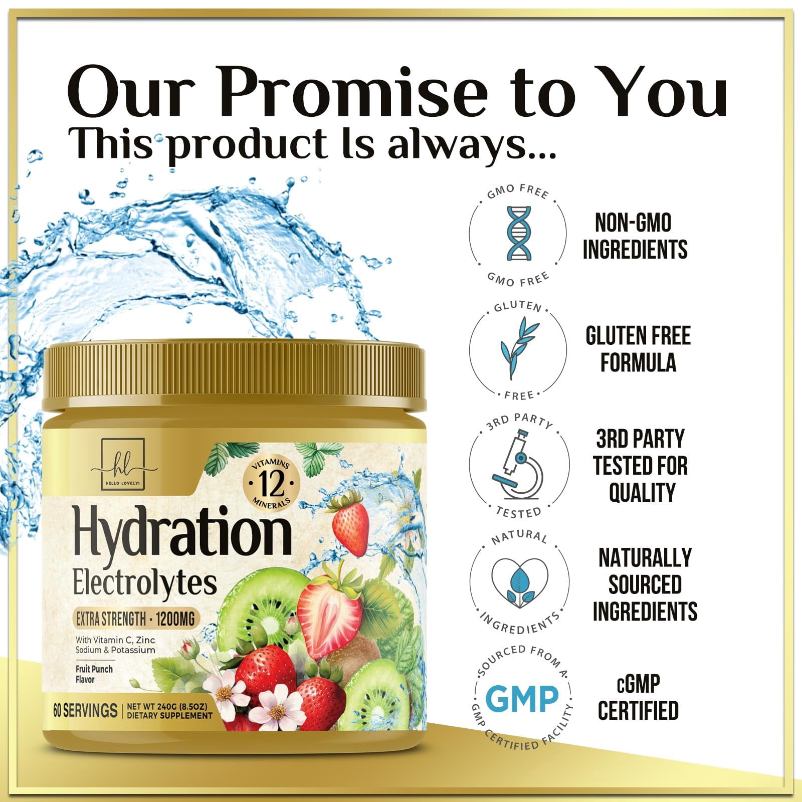 Hydration Electrolyte Drink Mix – Rapid Hydration Powder with 6 Electrolytes & Minerals Daily Replenisher Zero Sugar, Keto, Vegan, Non-GMO & Sugar-Free Electrolyte Powder Tub - 60 Servings