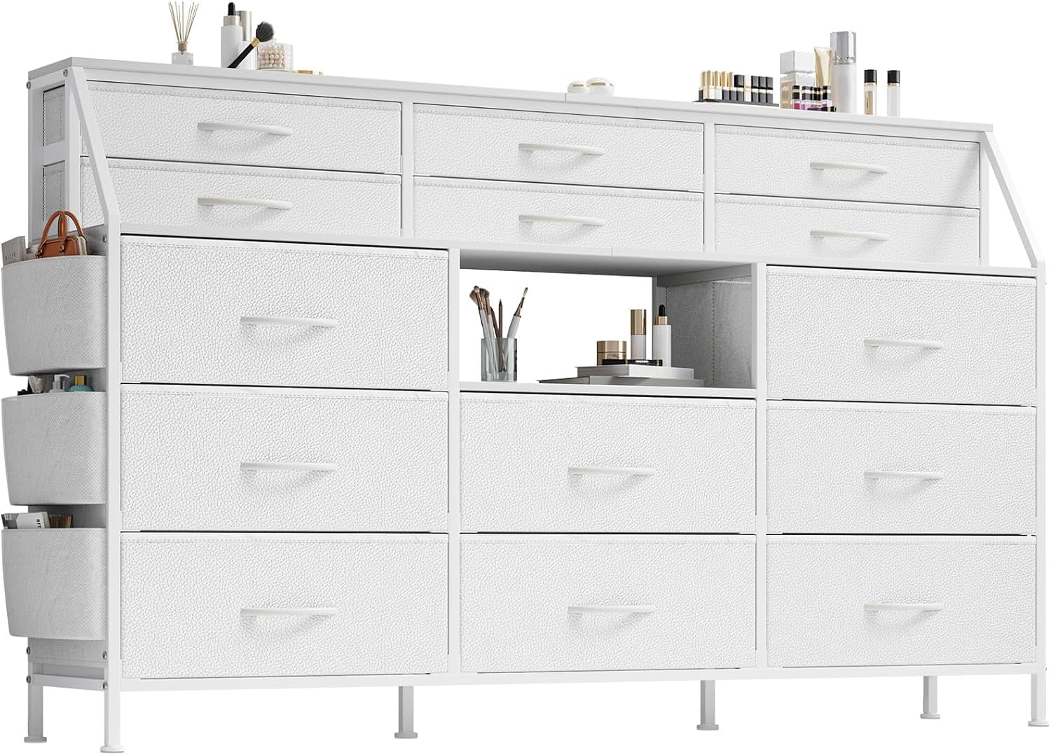 Dresser for Bedroom with 14 Drawers, 55" W Dresser with Side Pocket, Fabric Dressers & Chests of Drawers with Shelves, Sturdy Frame, Wood Top