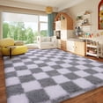 thumbnail image 4 of ZENELESS 8x10 Fluffy Rug for Living Room,Checkered Shaggy Soft Anti-Skid High Pile Carpet for Boys Girls Teen Room Dorm Home Decor,White and Light Gray, 4 of 7