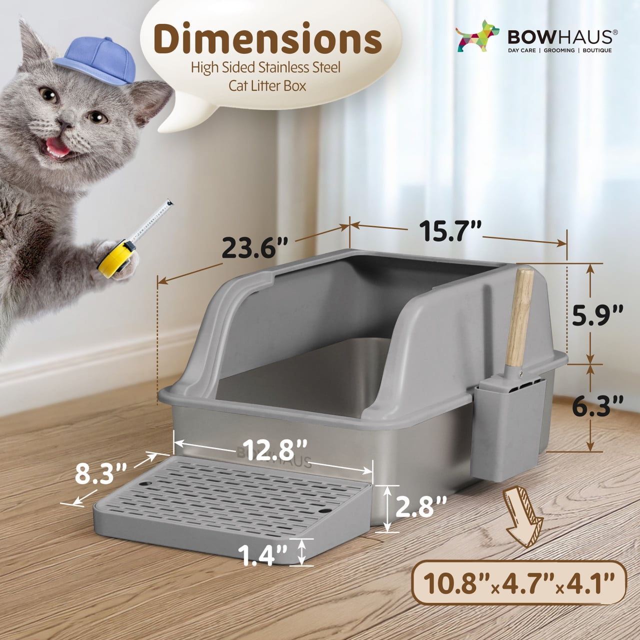 CAPHAUS XL Enclosed Stainless Steel Cat Litter Box with Lid, Extra Large High Sided Metal Cat Litter Pan w/ Scoop, Odor Control Design, Easy Clean & Anti-Leakage, High Sided Steel Litter Box, Grey