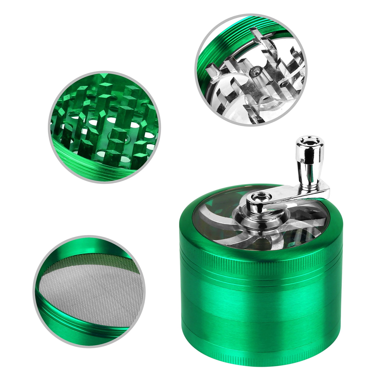 GPCT [Stainless Steel] Herb Spice Grinder W/ Hand Cranked Mill. 2.5” Tall, 4 Pieces, 3 Chambers
