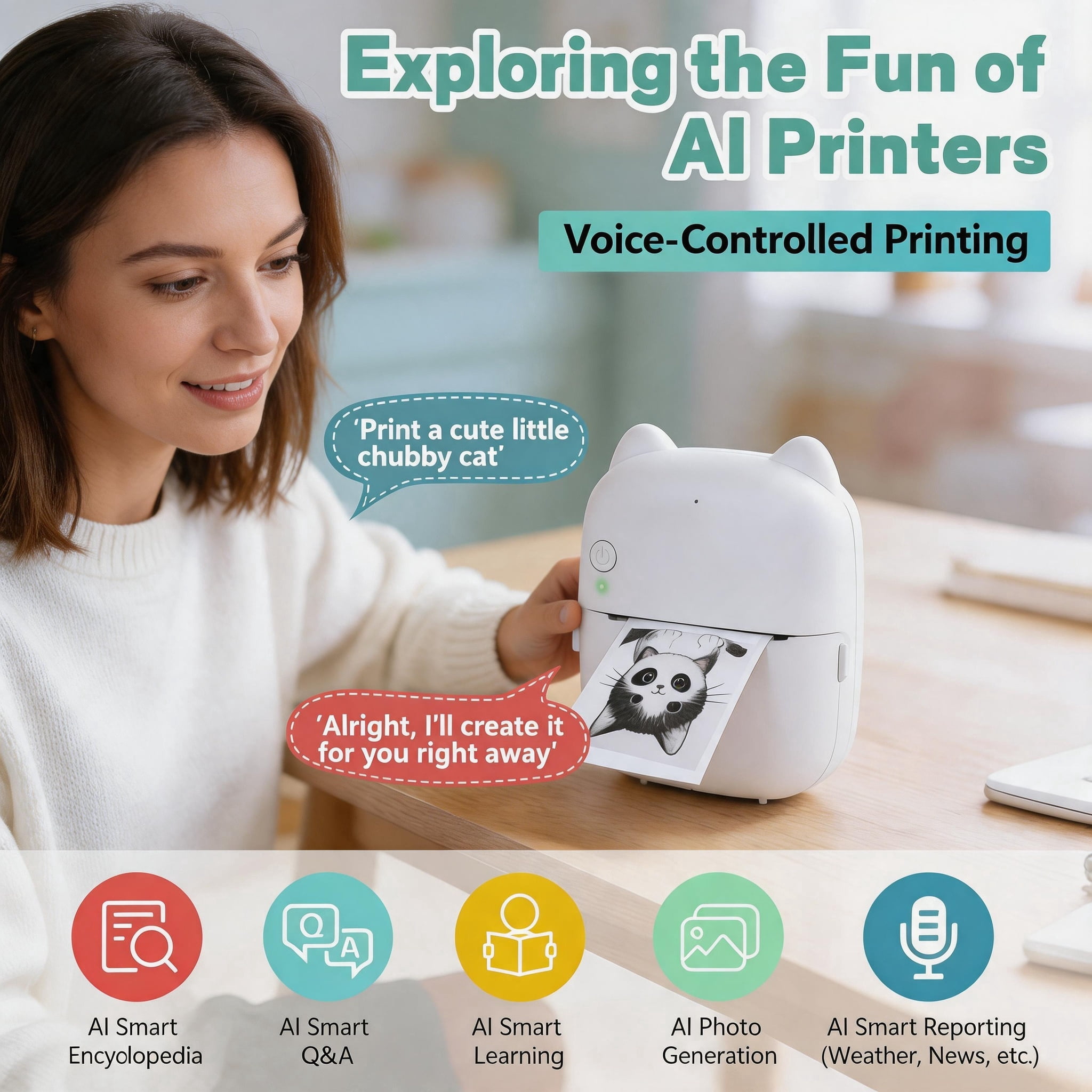 AI Voice-to-Image Mini Printer, Portable Inkless Thermal Printer with AI Image Generation & Voice Q&A, Bluetooth Sticker Printer with Thermal Paper for DIY, Journaling & Family Creative Time  - Black