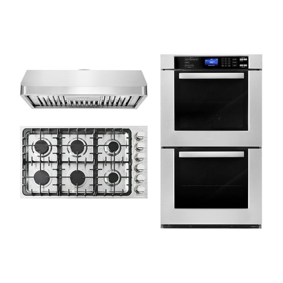3 Piece Kitchen Package With 36" Gas Cooktop 36" Under Cabinet Range Hood 30" Double Electric Wall Oven