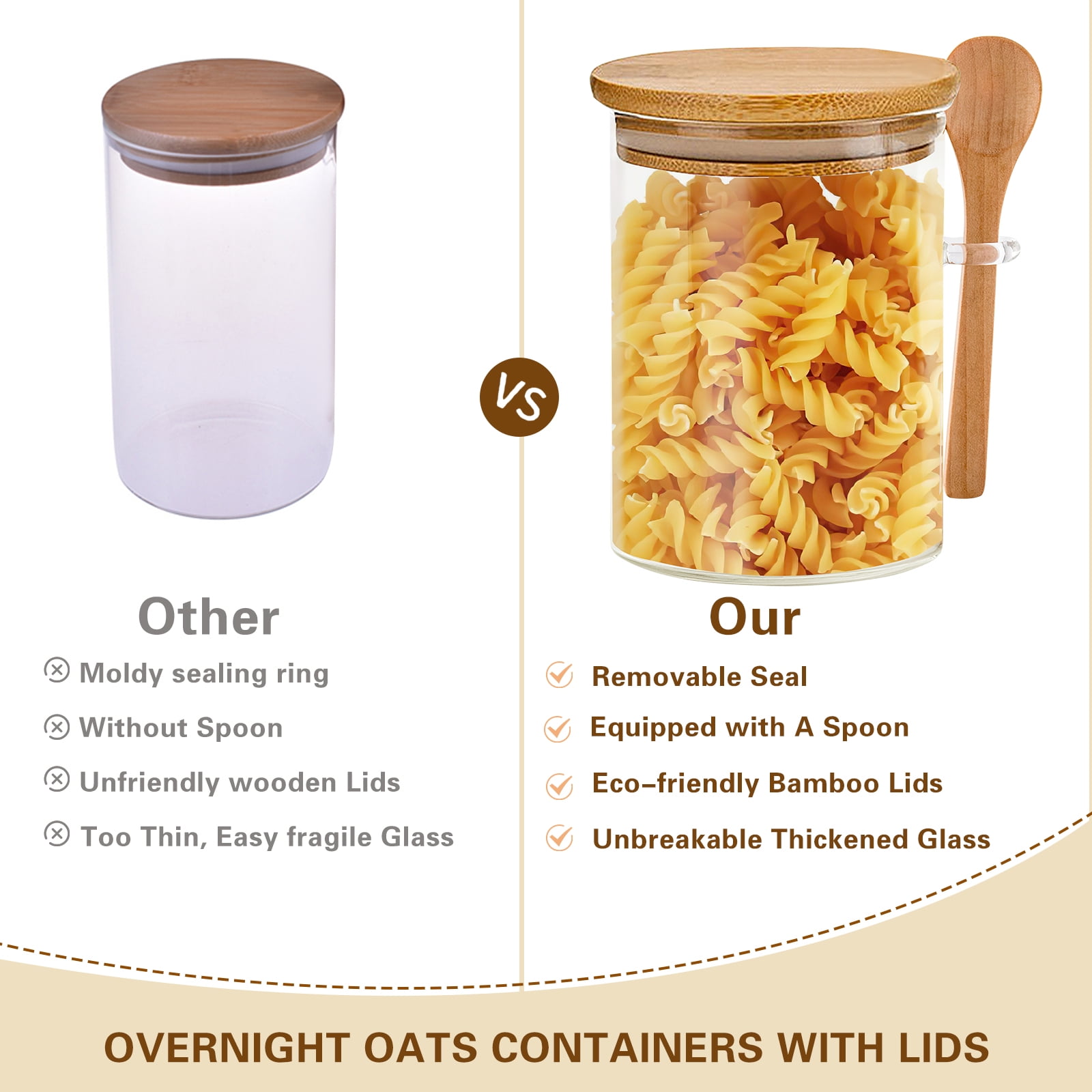 FORHVIPS 6-Pack Glass Containers with Bamboo Lids,18.5Oz/540ML Glass Jars,Glass Food Storage Jars Containers,Kitchen Canisters for Candy,Cookie,Coffee,Sugar,Tea,Nuts