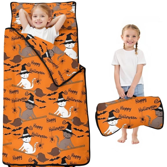 Halloween Witch Cats on Brooms Pattern Toddler Nap Mats for Kids Preschool,50"x20" Sleeping Mat Bag or Kids,Toddler Sleeping Bag,Toddler Nap Mat or Daycare
