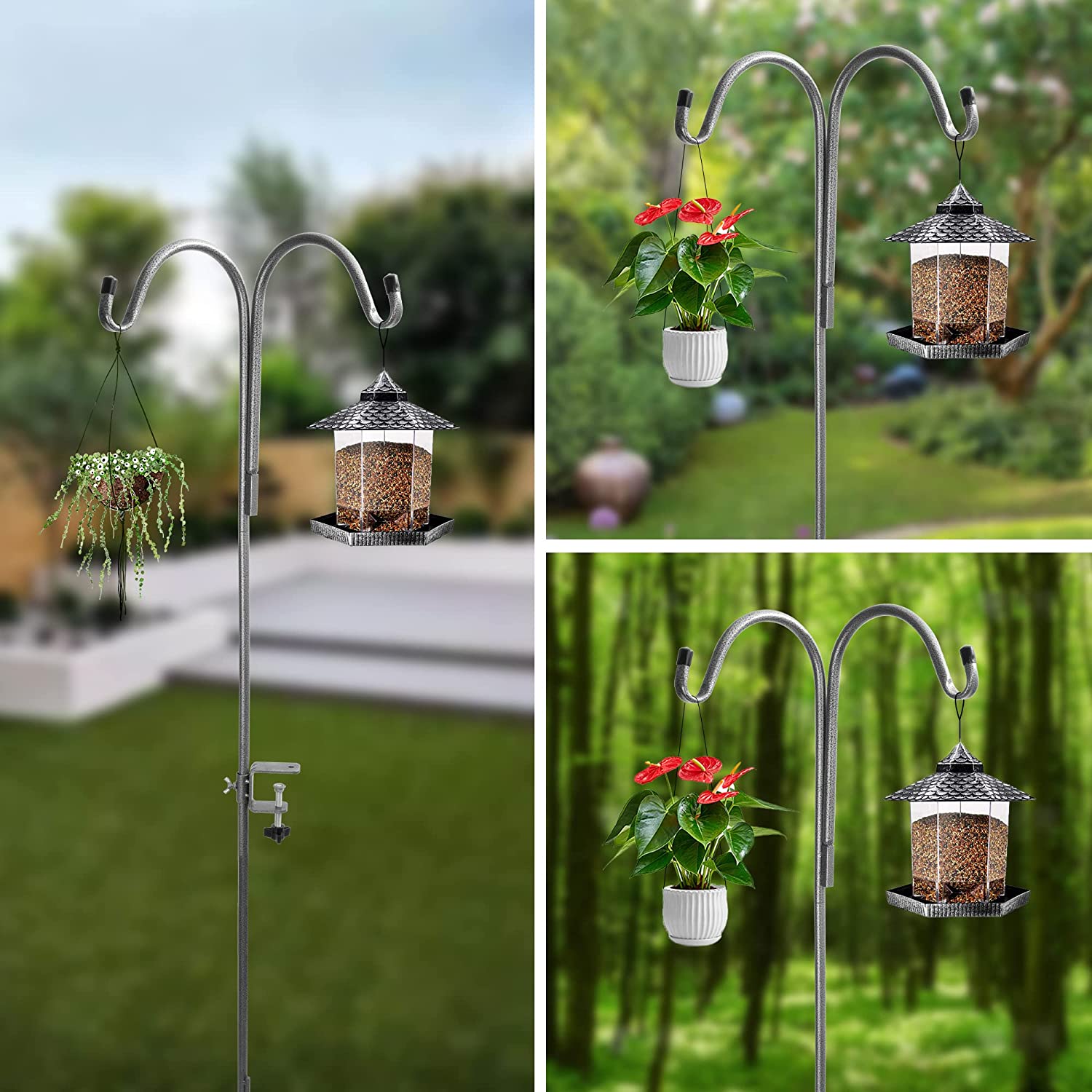 Double Shepherds Hook Adjustable Bird Feeder Pole for Outdoor with 4 Prongs Base,65 Inch Heavy Duty Garden Hanging Plant Hooks Stand Outside for Plant Hanger Wedding Decoration (Pack of 1) - image 3 of 7