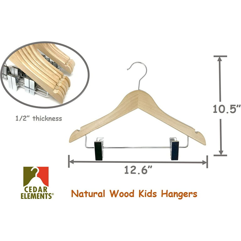 Cedar Elements - Baby/Toddler/Children Wooden Hangers (12 Pack) for Kids  Clothes NB-4T ; Perfect for Nursery Organizers and Closet Storage (Kids  Hangers Metal Clips NB-4T, Natural Wood) 