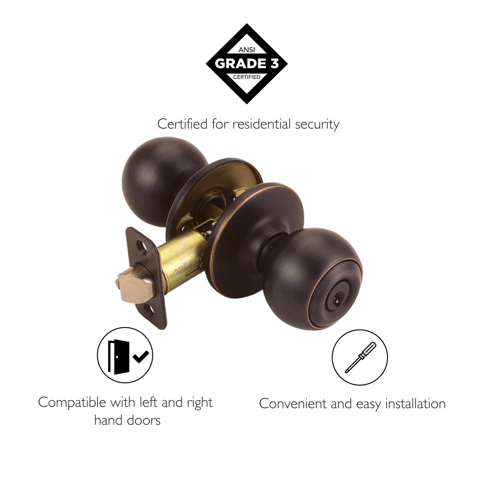 Ball Keyed Entry Door Knob, Oil Rubbed Bronze Finish, ANSI Grade-3, Left or Right Hand