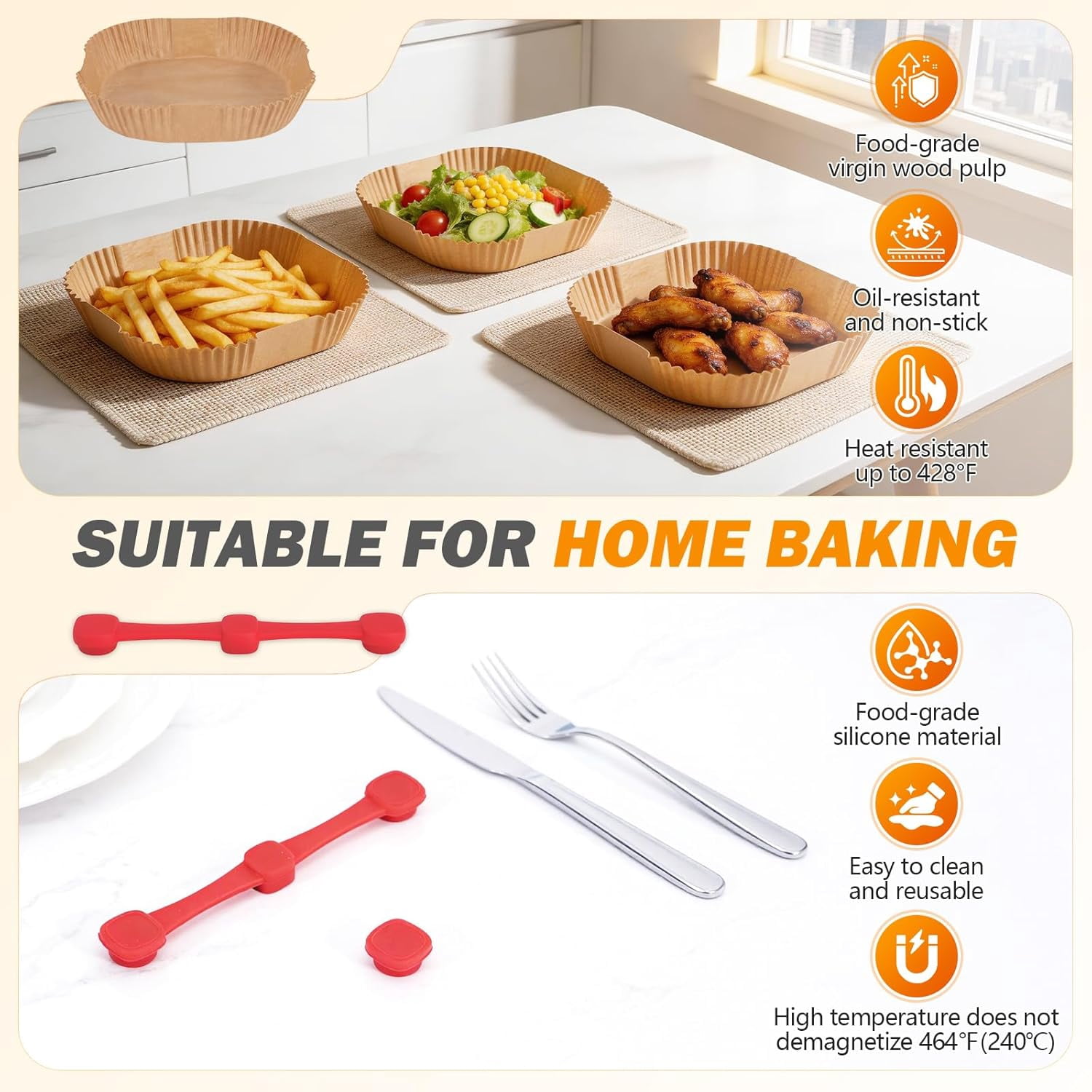 JJEAN-Air Fryer Liners Disposable with Air Fryer Magnets for Parchment Paper – 125Pcs Food Safe Non Stick Wood Pulp Airfryer Sheets with 6Pcs Magnetic Buckles – Temperature Resistant Material