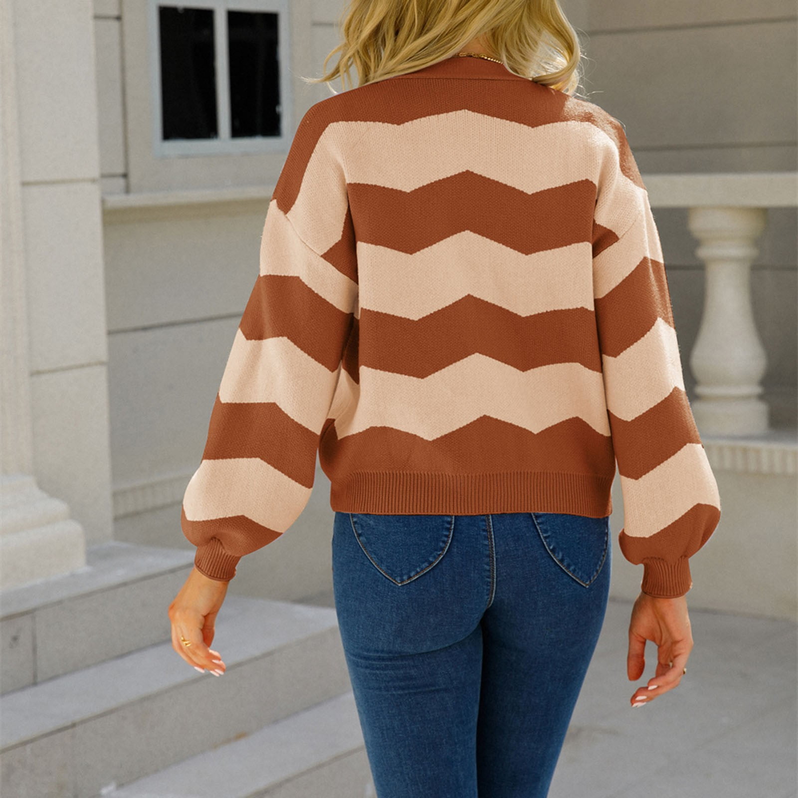 Solid Color Loose Fitting Long Cardigan Knitted Jacket Button Striped Sweater Spring/Autumn New O Neck Women's Coat Brown Medium
