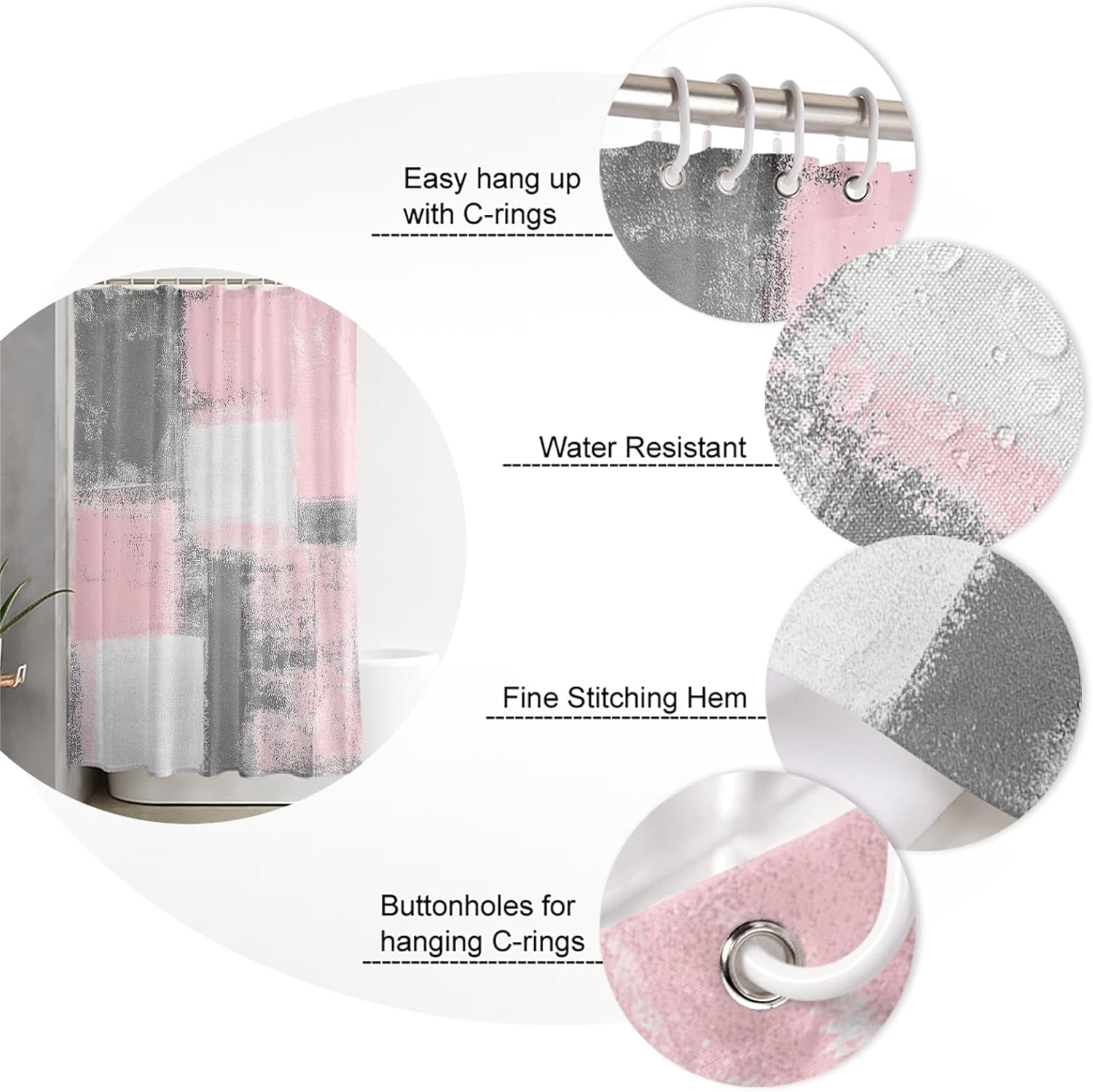 Pink Shower Curtain Lightweight Abstract Pink Shower Curtains with Hooks, Pink and Grey White Oil Painting Waterproof Bath Curtain for Bathroom,Pink Geometric Ombre Bathtub Decor 72 X 72 Inch