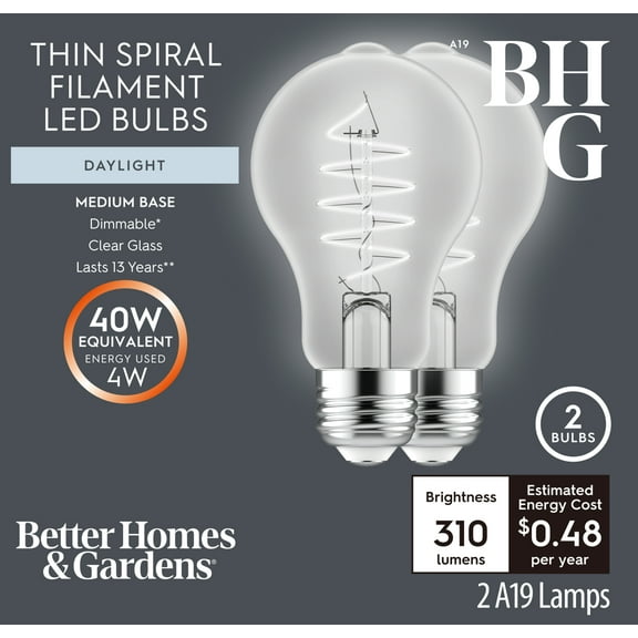 Better Homes & Gardens A19 LED Vintage Light Bulb, 4 Watts (40W Equivalent), Daylight, Thin Filament, E26, 2PK