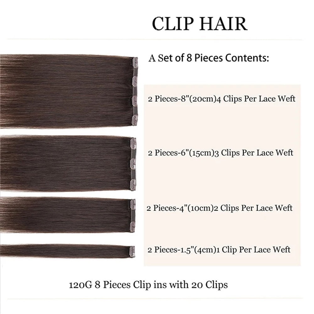Human Hair Clip In Extensions 120g 8pcs #2 Dark Brown Double Weft Human Hair Clip In