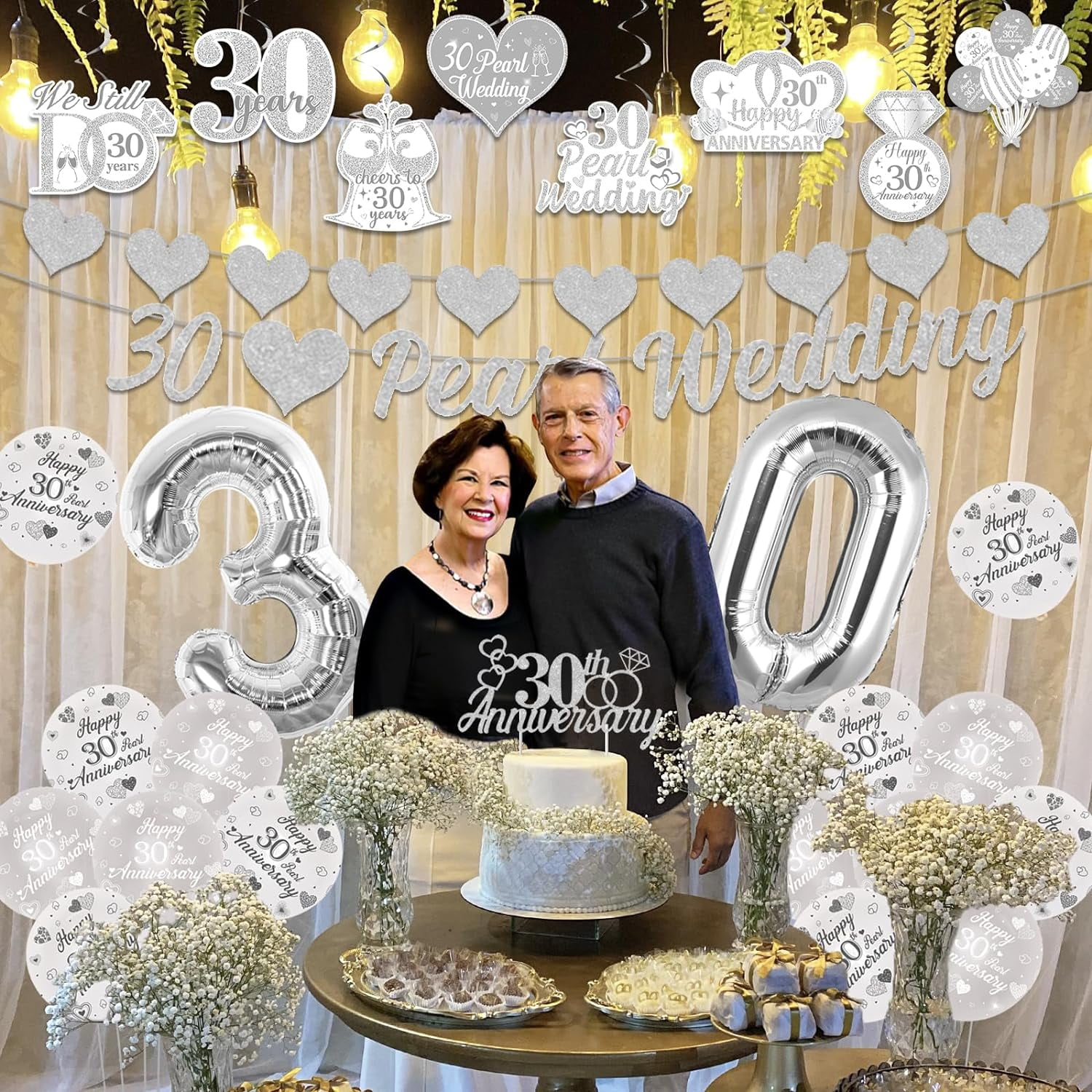 30th Pearl Wedding Anniversary Decorations, We Still Do 30 Years Cheers to  30 Years Anniversary Celebration Party Supplies - Balloon Cake Topper  Hanging Swirls Silver Love Garland Banner - Walmart Business Supplies, image size:1500x1500