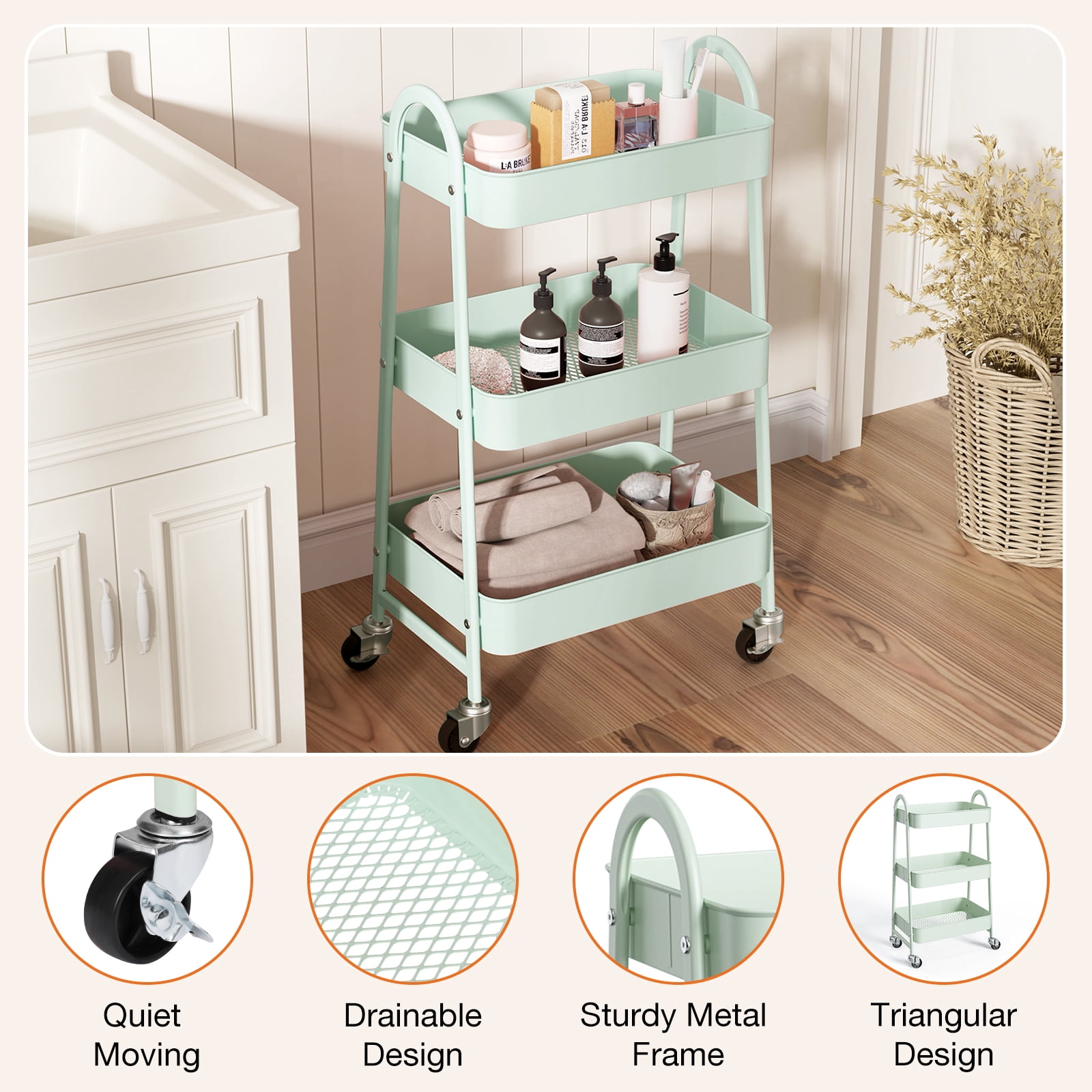 3-Tier Rolling Metal Storage Cart with Locking Casters, Utility Organizer for Kitchen, Bathroom, Laundry, and Office