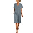 thumbnail image 2 of Ayolanni Solid Women Summer Dresses V Neck Short Sleeve A-Line Midi Dress Cotton Vacation Flowy Dressy Dress with Pockets Gray XXL, 2 of 9