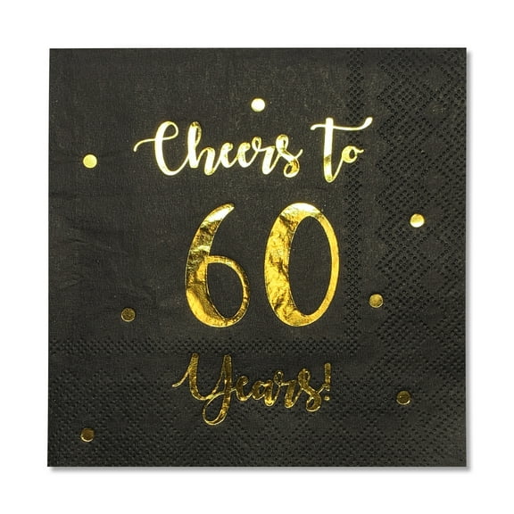 Cheers to 60 Years Cocktail Napkins | Happy 60th Birthday Decorations for Men and Women and Wedding Anniversary Party Decorations | 50-Pack 3-Ply Napkins | 5 x 5 inch folded (Black)