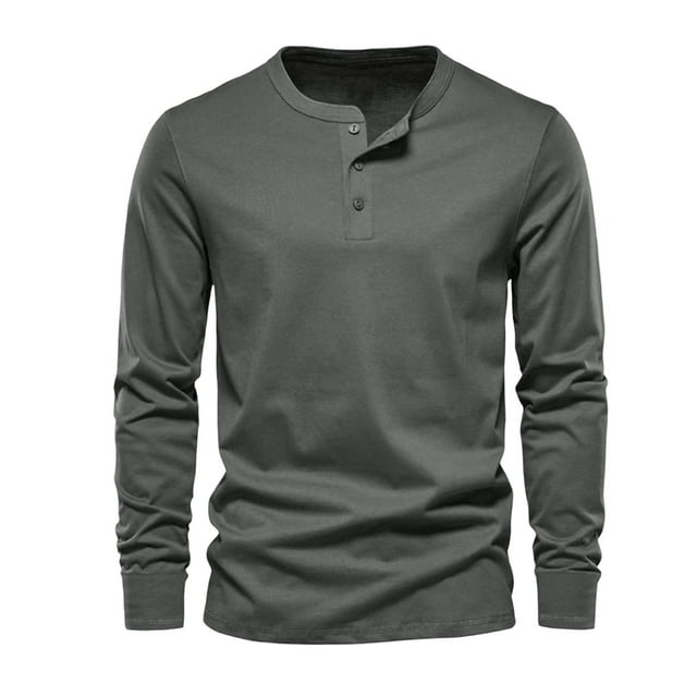 AherBiu Mens Long Sleeve Shirts Crew Neck Fashion Button T-Shirts Lightweight Fall Slim Fitted Pullover