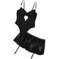 thumbnail image 4 of MINTREUS Lingerie for Women Sexy Rhinestone Heart Garter Underwire Floral Lace Mesh Sheer Babydoll Lingerie Teddy Bodysuit Skirt Set, 4 of 8