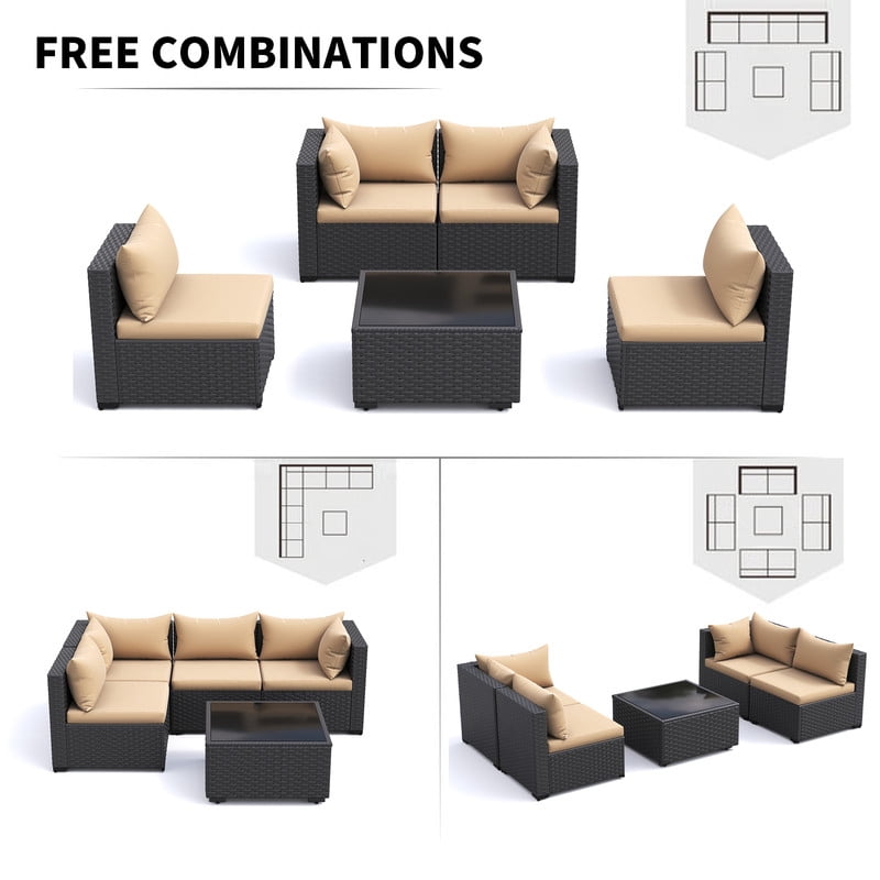 ELPOSUN 5 Pieces Patio Furniture Set, Outdoor Furniture Sectional Rattan Sofa for Backyard Garden Khaki