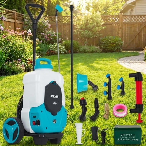 Garvee 4 Gallon Backpack Sprayer on Wheeled, 12V 8Ah Battery Powered Sprayer with 6 Nozzles and Adjustable Shoulder Straps for Lawn, Garden, Farm