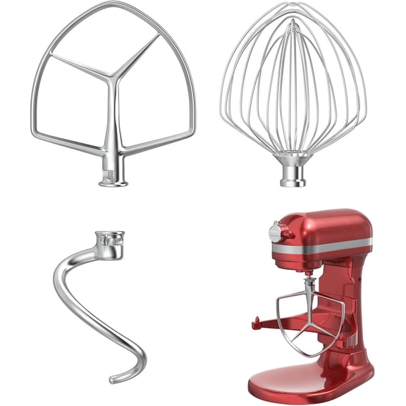 Stainless Steel Kitchen Mixers Accessories Compatible with KitchenAid Mixer and 7 Qt Bowl. 7QT 9-Wire Whip, 7QT Flat Beater, 7QT Dough Hook Attachment Dishwasher safe