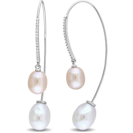 Tangelo 8-10mm White and Pink Round Cultured Freshwater Pearl and 3/5 Carat T.G.W. White Topaz Sterling Silver Threader Earrings